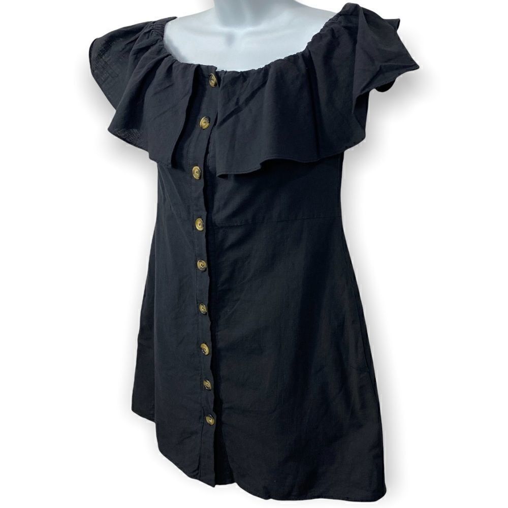 Fantastic Fawn Black Off Shoulder Button Down Dress